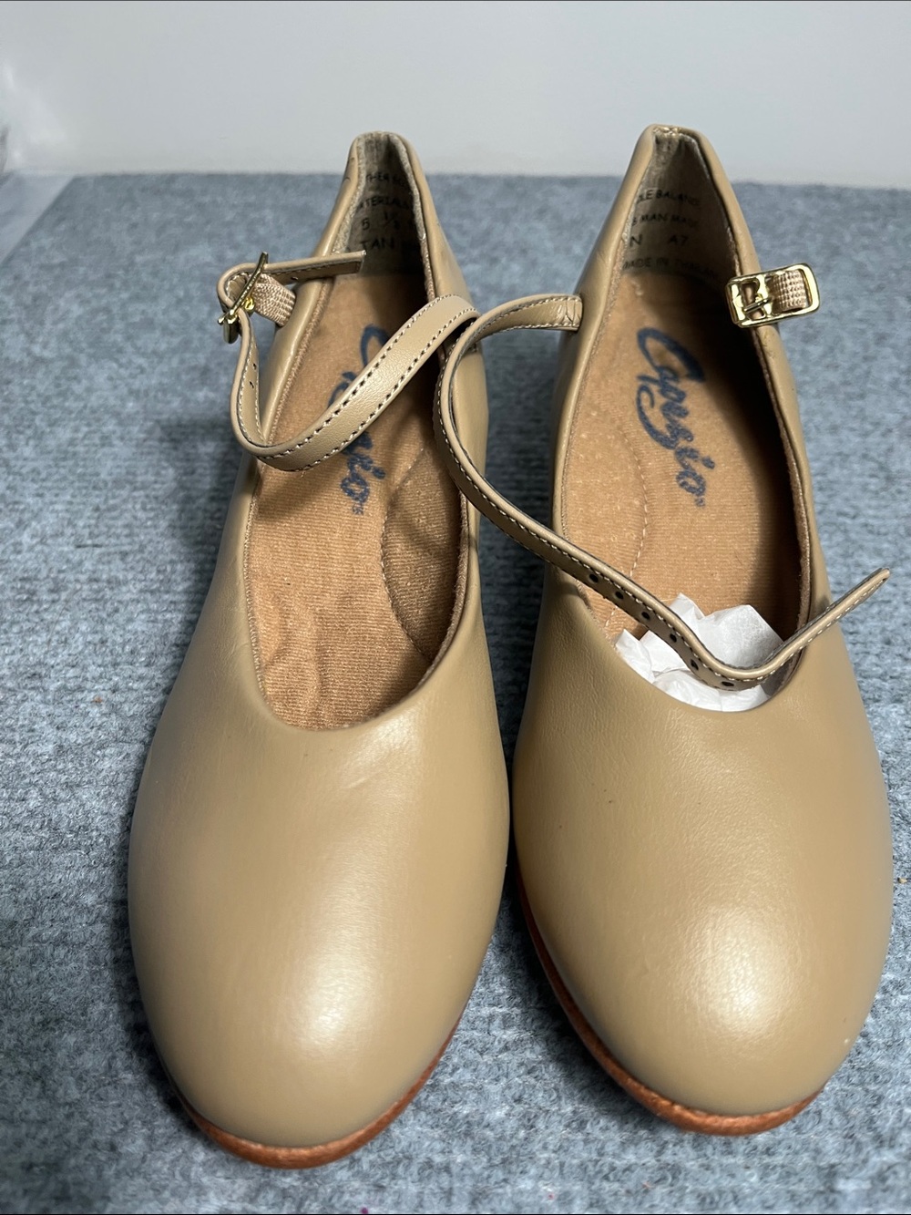 Capezio Beige Mary Jane Flats with Ankle Strap. Damage to back of one shoe.